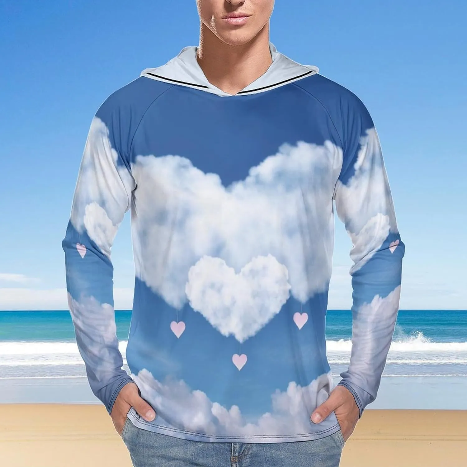 Sun Protection Shirt Long Sleeve Hoodie Sky and Heart Shape Cloud Lightweight Rash Guard Quick Dry Sun Shirt for Outdoor