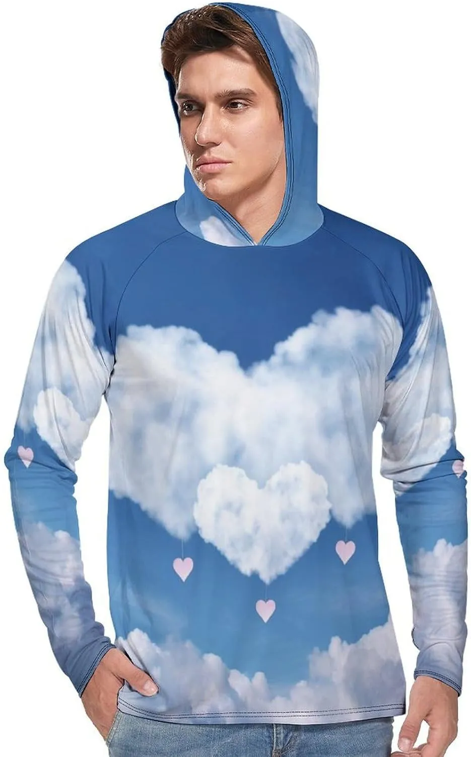 Sun Protection Shirt Long Sleeve Hoodie Sky and Heart Shape Cloud Lightweight Rash Guard Quick Dry Sun Shirt for Outdoor