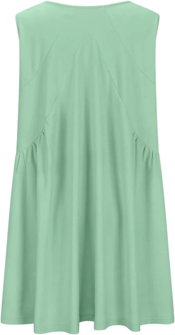 Sundresses for Women 2024 Solid Sleeveless Ruffle Mini Dresses Summer Casual Loose V Neck Solid Dress Going Out Beach