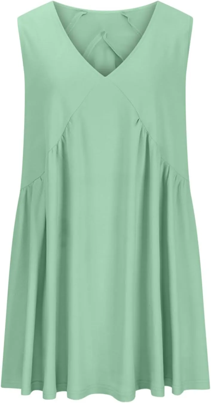 Sundresses for Women 2024 Solid Sleeveless Ruffle Mini Dresses Summer Casual Loose V Neck Solid Dress Going Out Beach