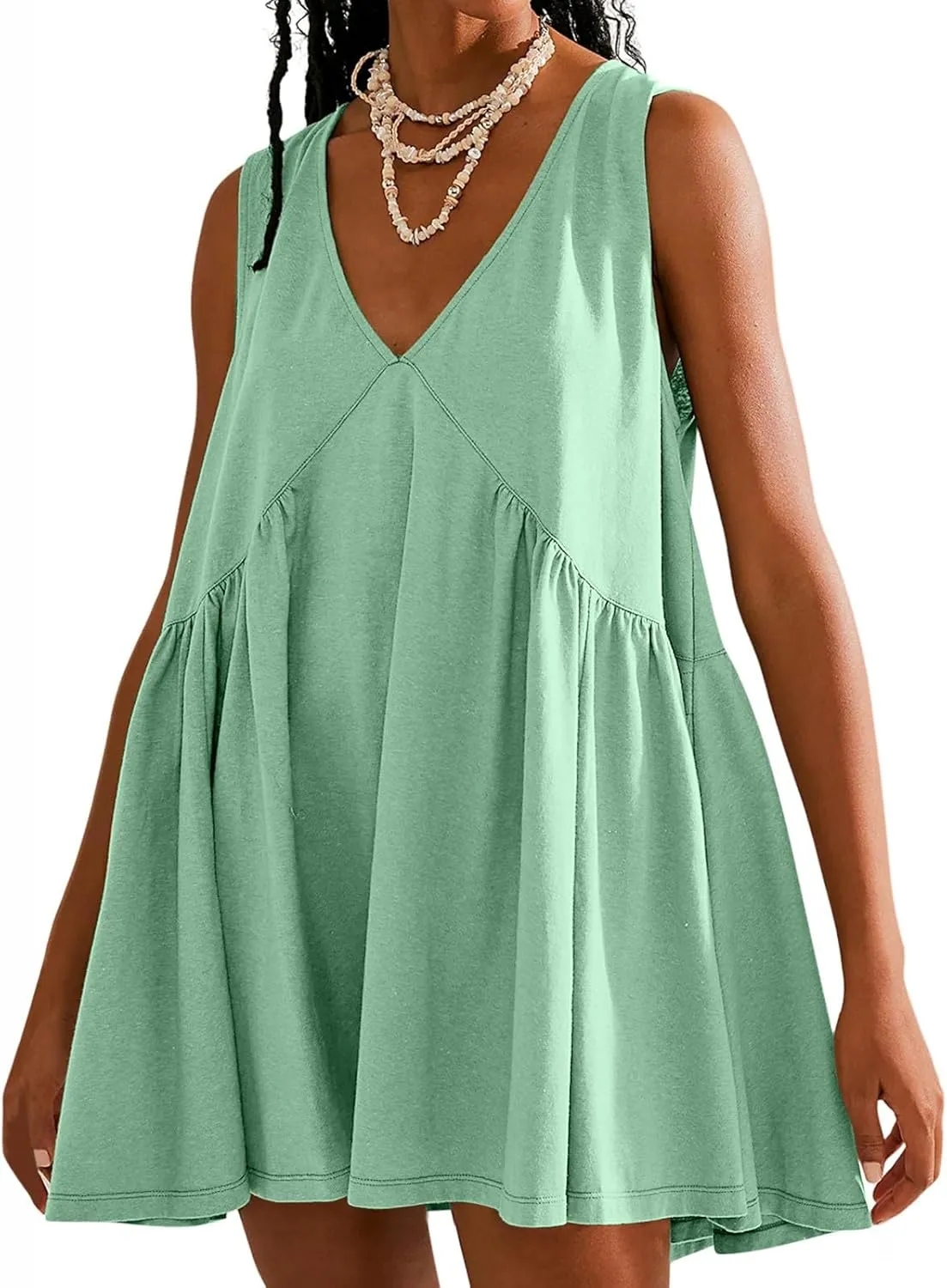 Sundresses for Women 2024 Solid Sleeveless Ruffle Mini Dresses Summer Casual Loose V Neck Solid Dress Going Out Beach