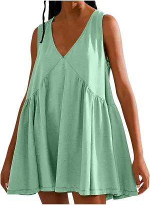 Sundresses for Women 2024 Solid Sleeveless Ruffle Mini Dresses Summer Casual Loose V Neck Solid Dress Going Out Beach