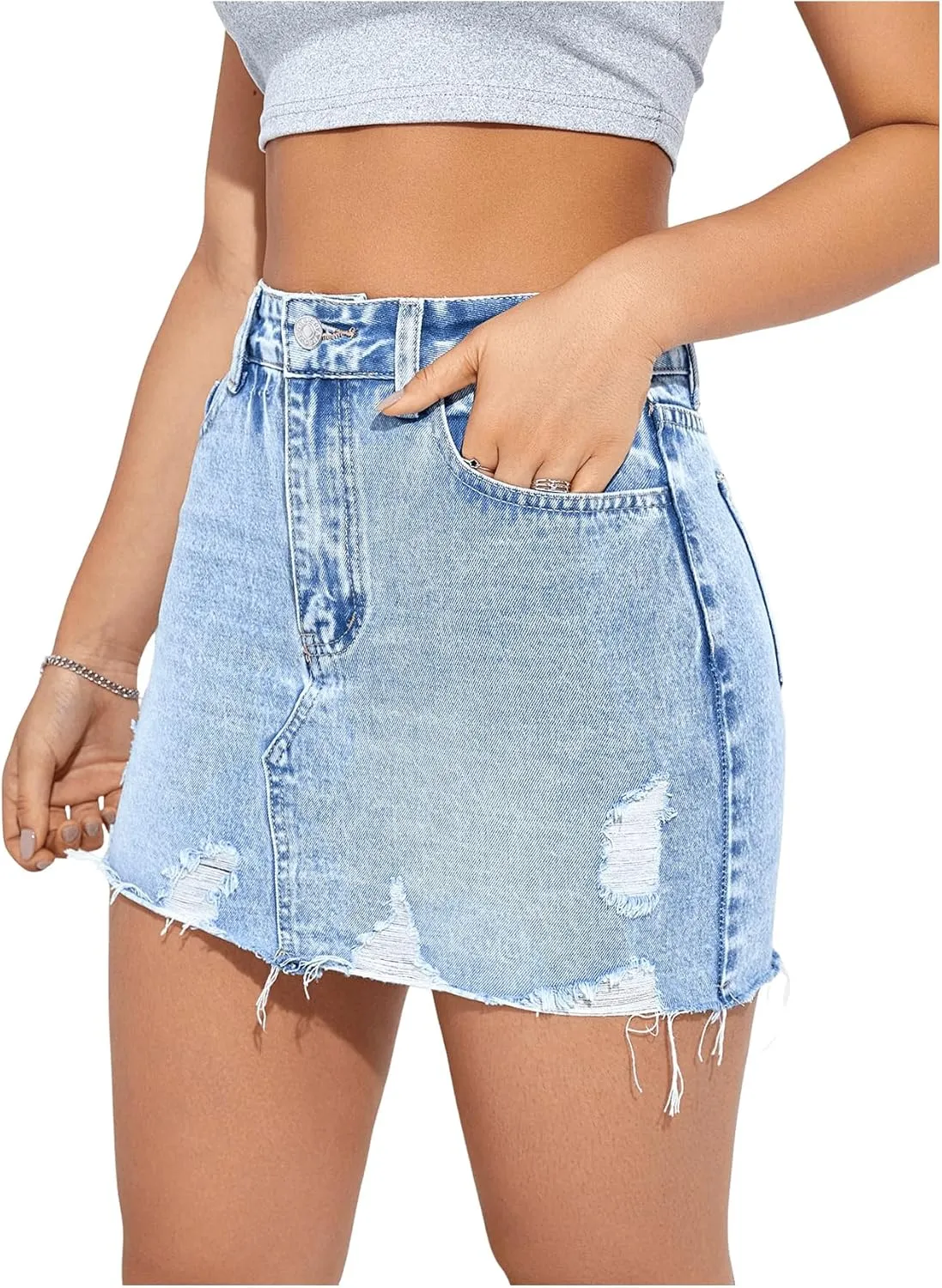 SweatyRocks Women's Casual Ripped Jean Skirt High Waist Raw Hem Mini Denim Skirts