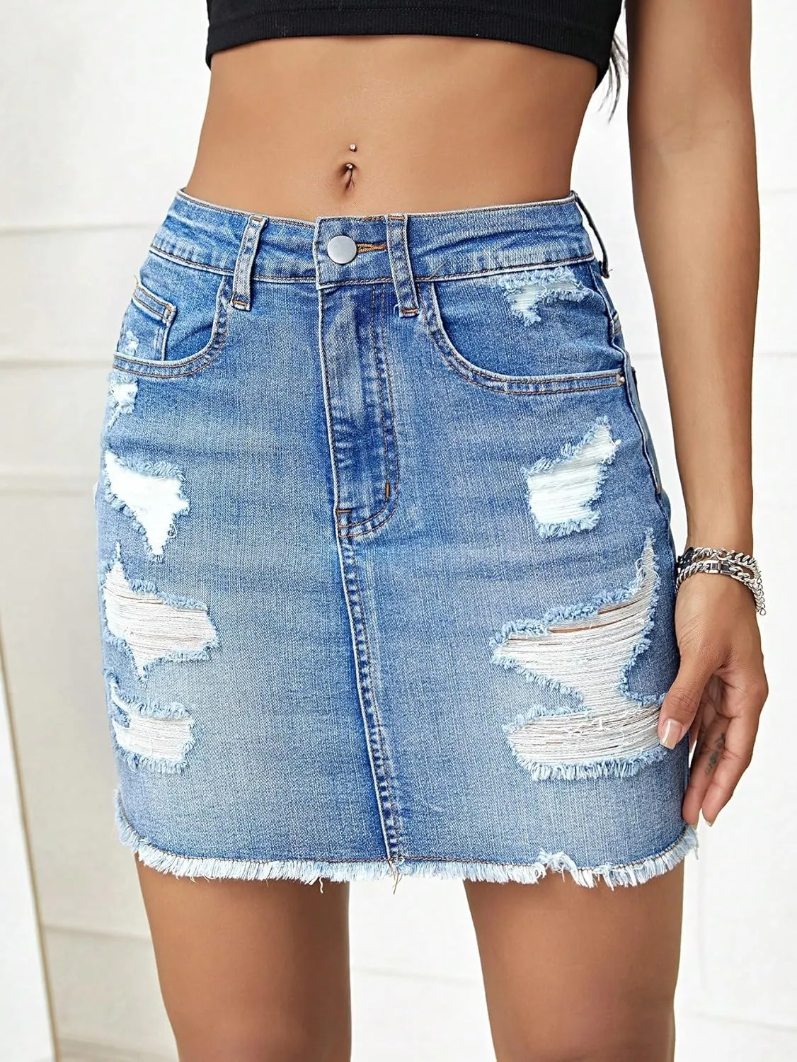 SweatyRocks Women's Casual Ripped Jean Skirt High Waist Raw Hem Mini Denim Skirts