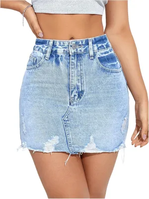 SweatyRocks Women's Casual Ripped Jean Skirt High Waist Raw Hem Mini Denim Skirts