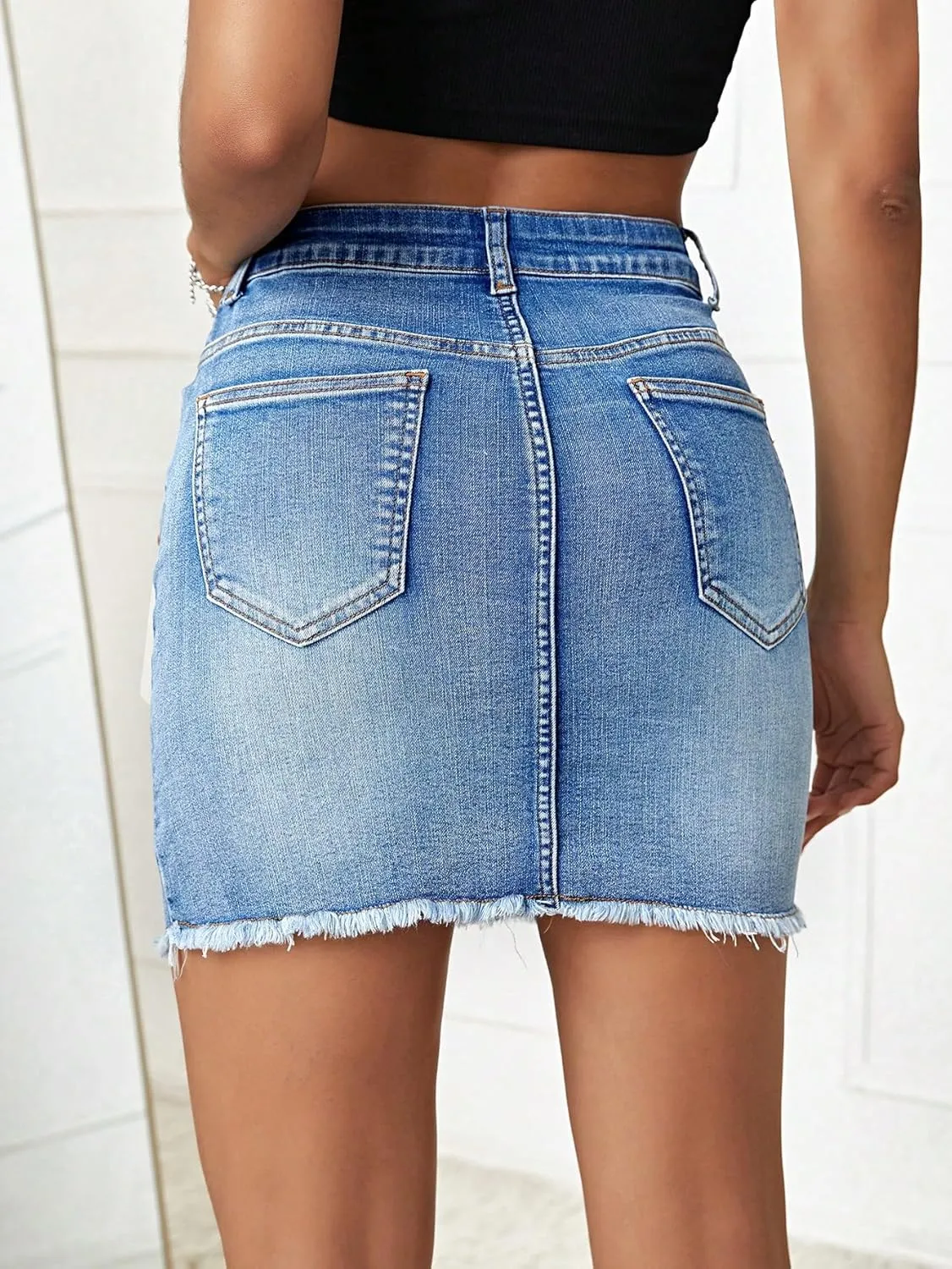 SweatyRocks Women's Casual Ripped Jean Skirt High Waist Raw Hem Mini Denim Skirts