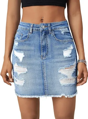 SweatyRocks Women's Casual Ripped Jean Skirt High Waist Raw Hem Mini Denim Skirts
