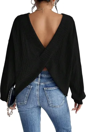 SweatyRocks Women's Criss Cross Round Neck Pullover Sweaters Long Sleeve Loose Cut Out Back Knit Tee Tops Backless Shirts