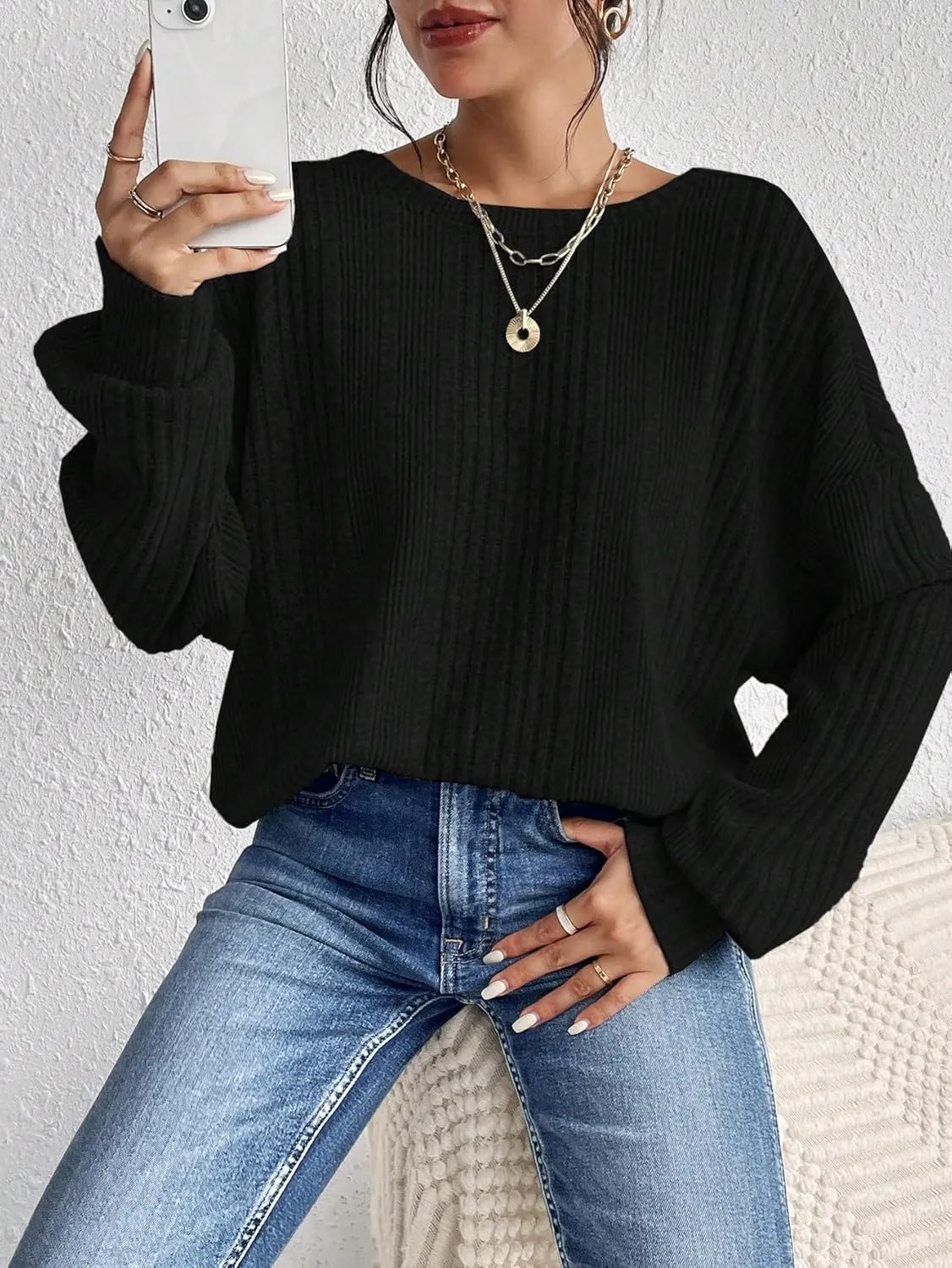 SweatyRocks Women's Criss Cross Round Neck Pullover Sweaters Long Sleeve Loose Cut Out Back Knit Tee Tops Backless Shirts