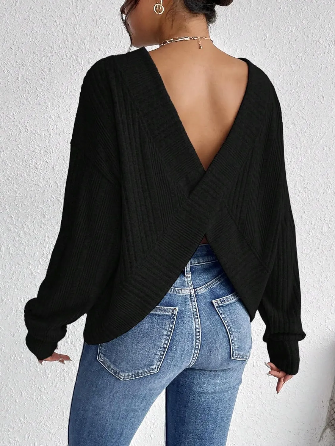 SweatyRocks Women's Criss Cross Round Neck Pullover Sweaters Long Sleeve Loose Cut Out Back Knit Tee Tops Backless Shirts
