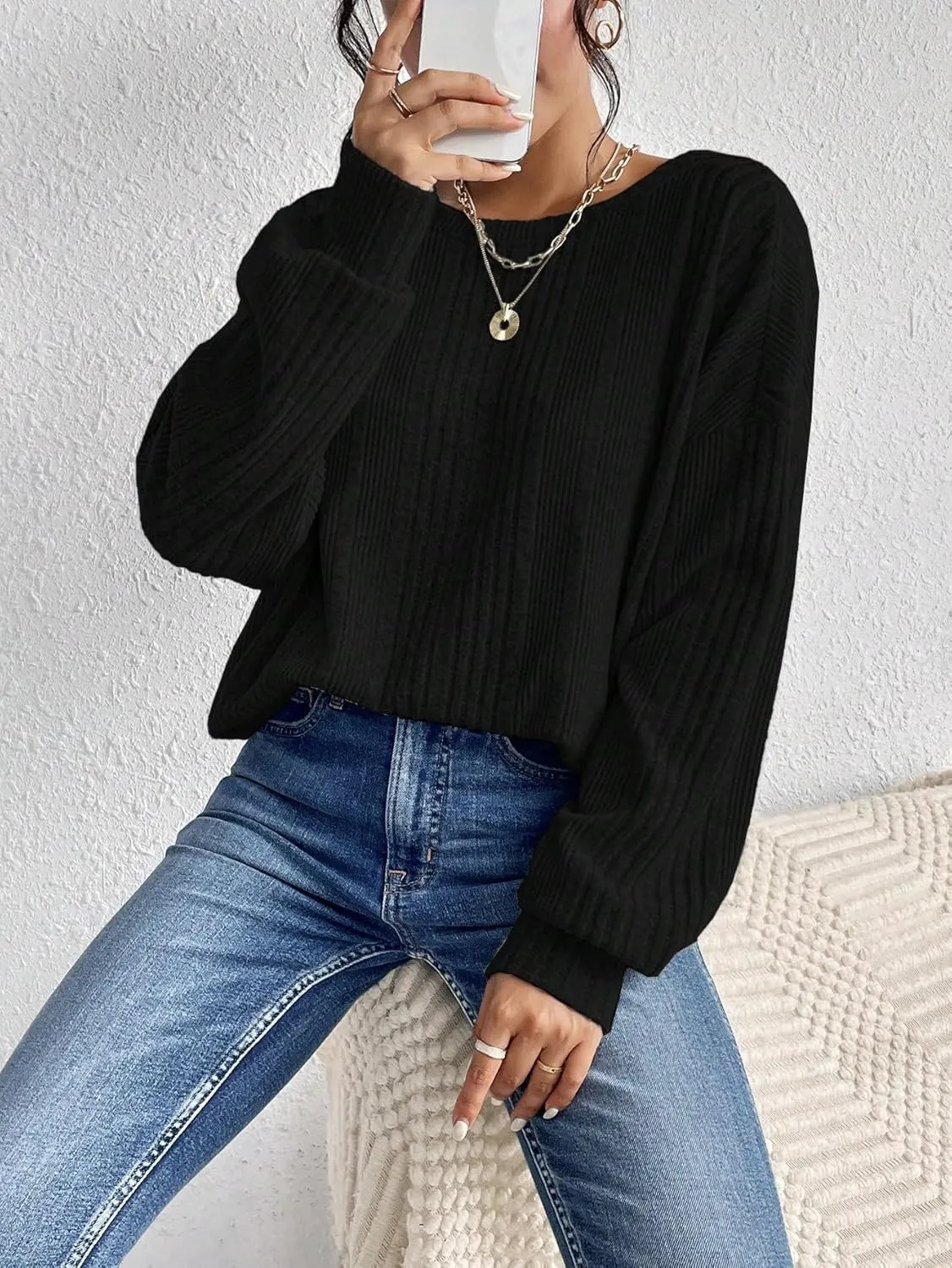 SweatyRocks Women's Criss Cross Round Neck Pullover Sweaters Long Sleeve Loose Cut Out Back Knit Tee Tops Backless Shirts