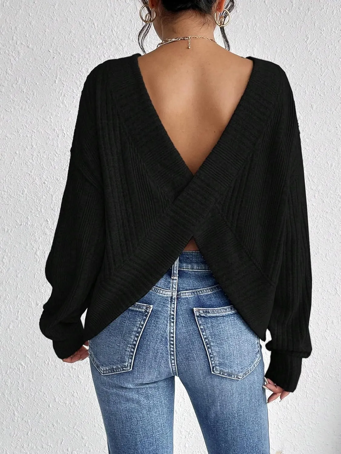 SweatyRocks Women's Criss Cross Round Neck Pullover Sweaters Long Sleeve Loose Cut Out Back Knit Tee Tops Backless Shirts