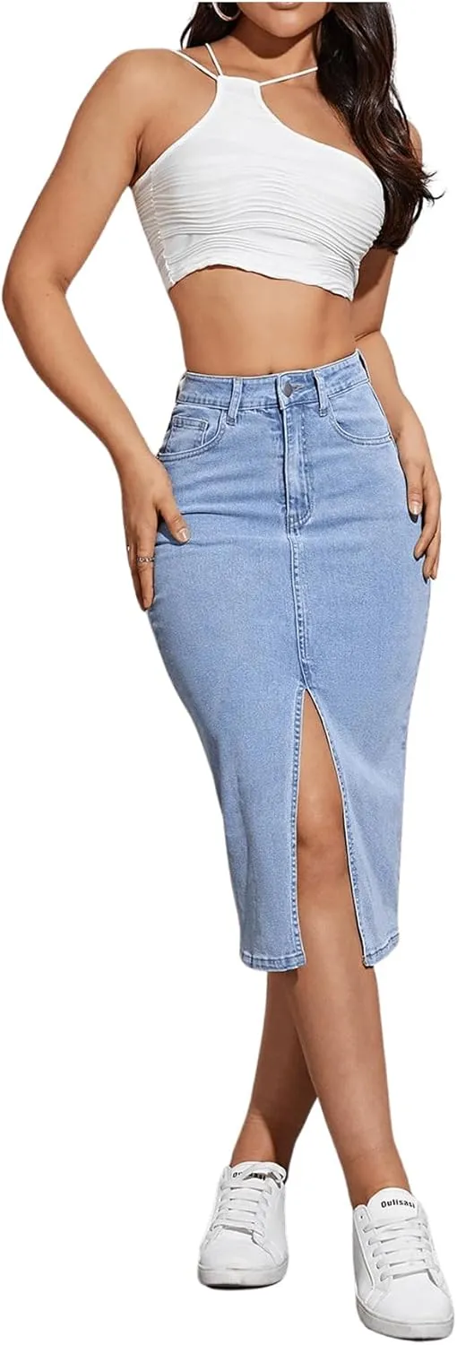 SweatyRocks Women's High Waisted Zip Up Jean Skirt Casual Split Front Bodycon Denim Midi Skirts with Pocket with Pocket