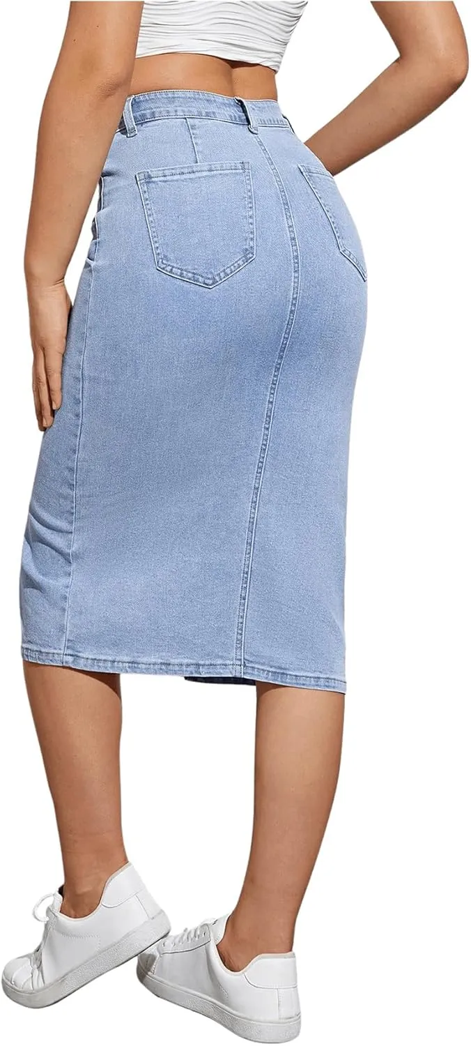 SweatyRocks Women's High Waisted Zip Up Jean Skirt Casual Split Front Bodycon Denim Midi Skirts with Pocket with Pocket