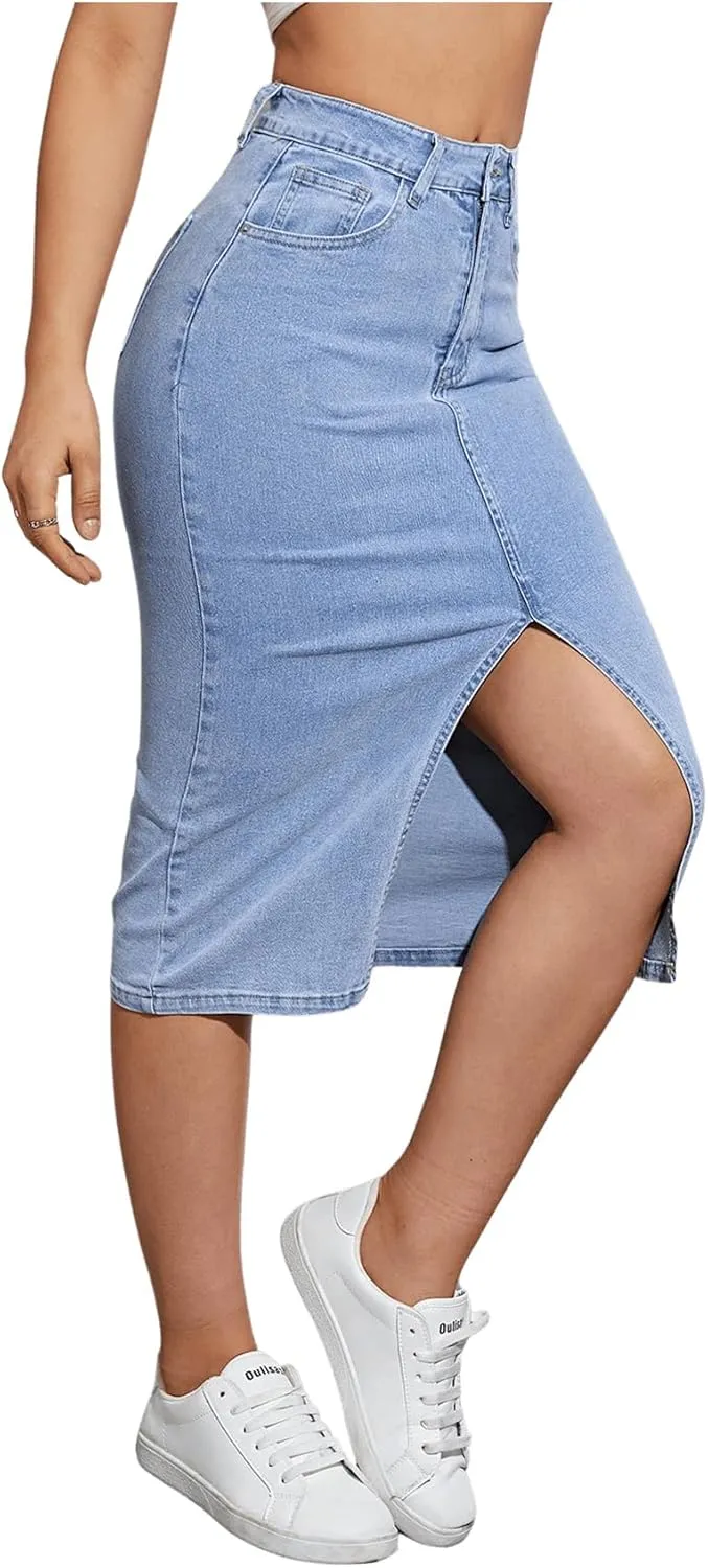SweatyRocks Women's High Waisted Zip Up Jean Skirt Casual Split Front Bodycon Denim Midi Skirts with Pocket with Pocket