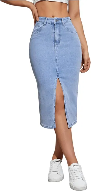 SweatyRocks Women's High Waisted Zip Up Jean Skirt Casual Split Front Bodycon Denim Midi Skirts with Pocket with Pocket