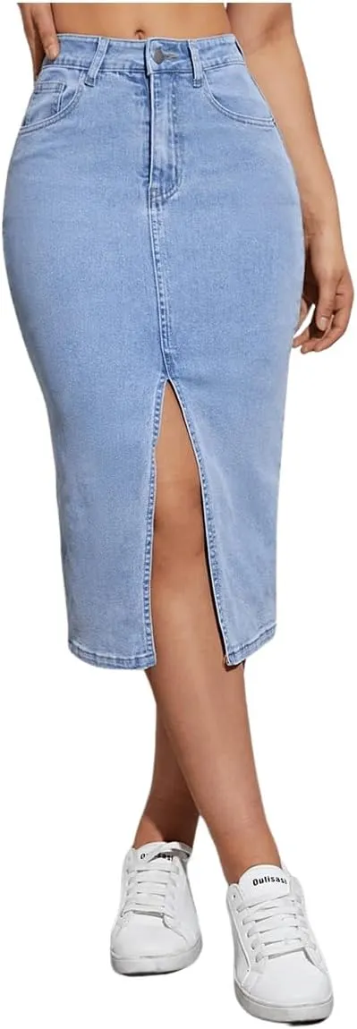 SweatyRocks Women's High Waisted Zip Up Jean Skirt Casual Split Front Bodycon Denim Midi Skirts with Pocket with Pocket