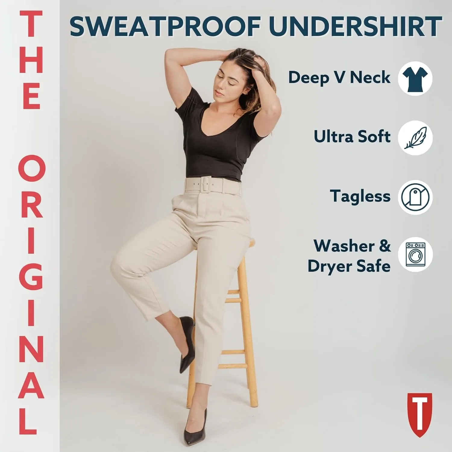 T THOMPSON TEE Women's Sweatproof Undershirt | Deep V Neck | Slim Fit | with Sweat Pads
