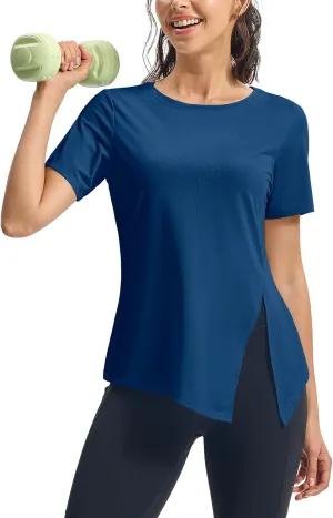 TBMPOY Women's Short Sleeve Workout Tops T-Shirts Breathable Quick Dry UPF 30  Athletic Exercise Tee Shirts with Side Slits