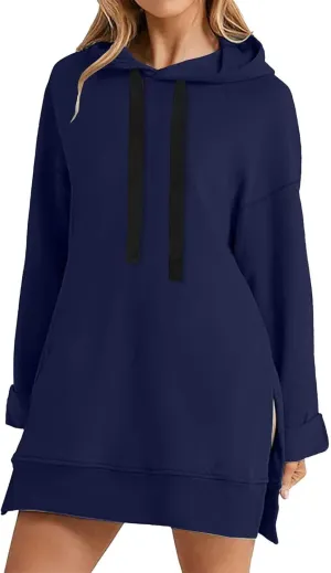 The Warmy Oversized Hoodie,Casual Oversized Hoodie Dress For Women Pullover Long Sweatshirt Split Hem With Pockets