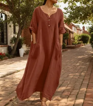 TIAFORD Women Casual Cotton Linen Long Sleeve Maxi Dress Button Up Crewneck Pleated Beach Flowy Tunic Shift Dress with Pocket