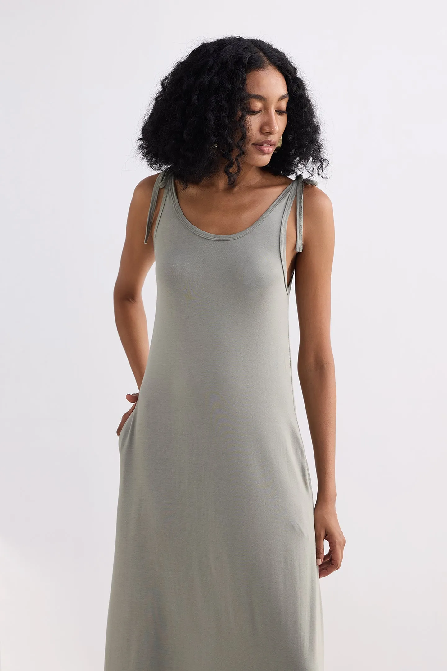 Tie-Detail Maxi Dress in Light Olive