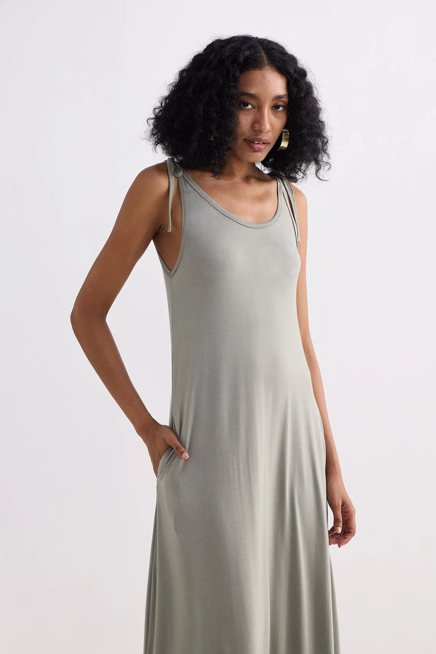 Tie-Detail Maxi Dress in Light Olive