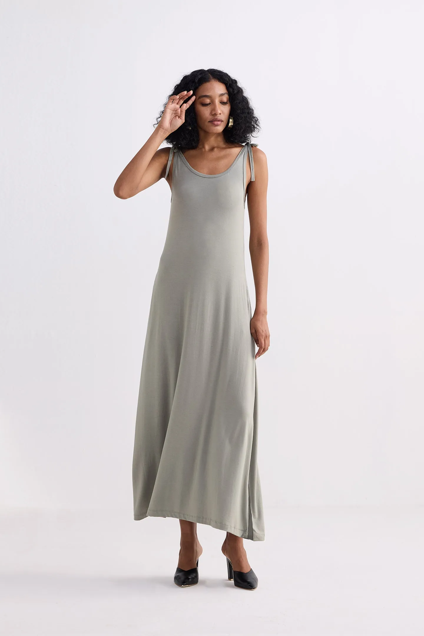 Tie-Detail Maxi Dress in Light Olive