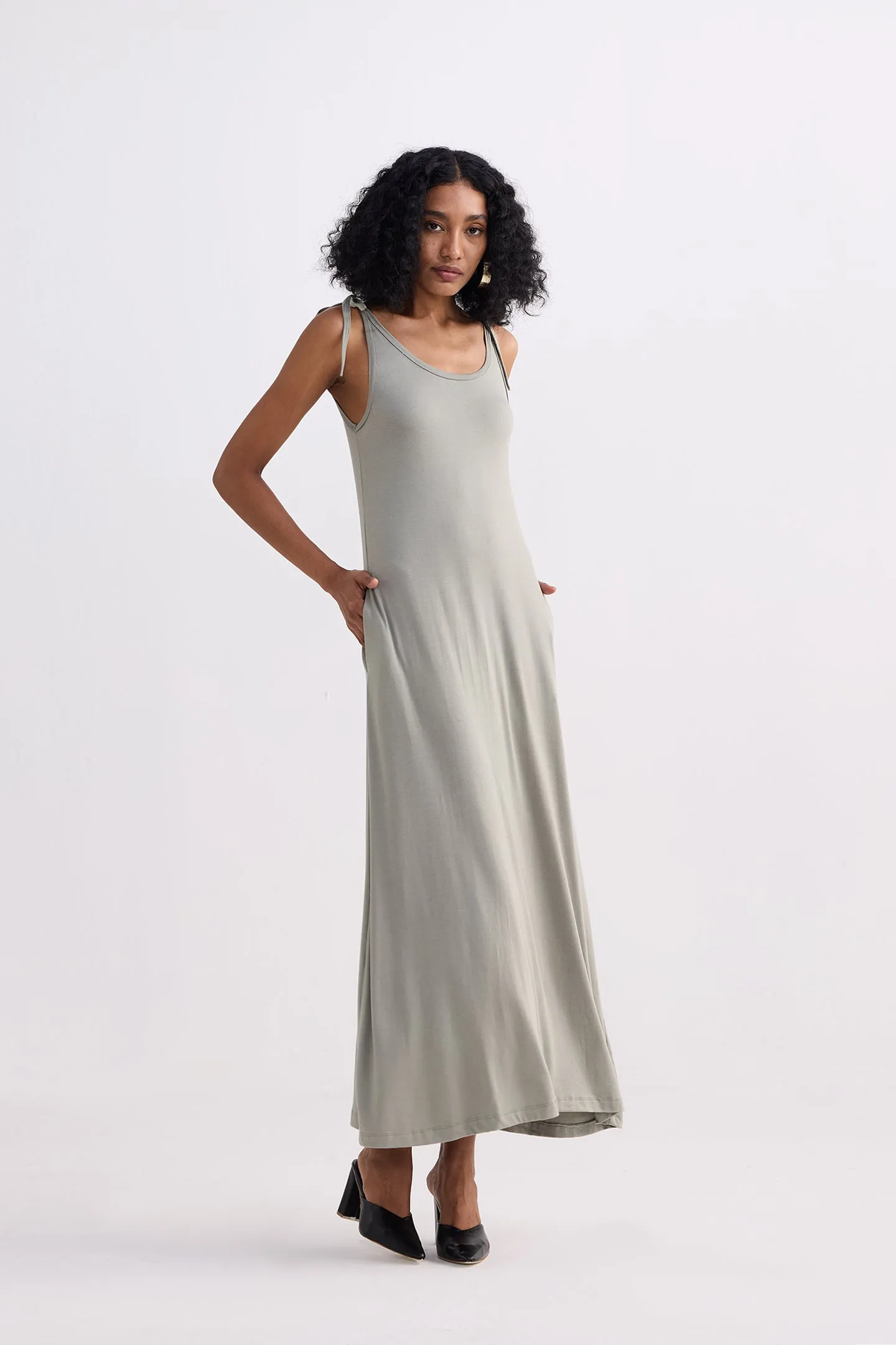 Tie-Detail Maxi Dress in Light Olive