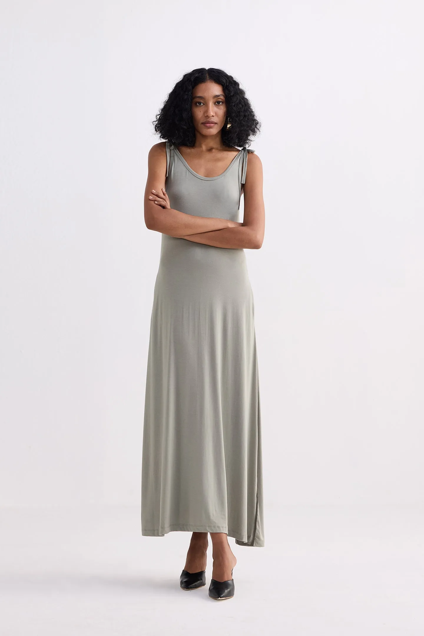 Tie-Detail Maxi Dress in Light Olive