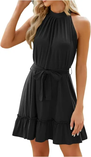 Tie Waist Ruffle Dress Women Halter Sleeveless Sundress Sexy Trendy Pleated Mini Dresses Solid Flowy Boho Beach Dress