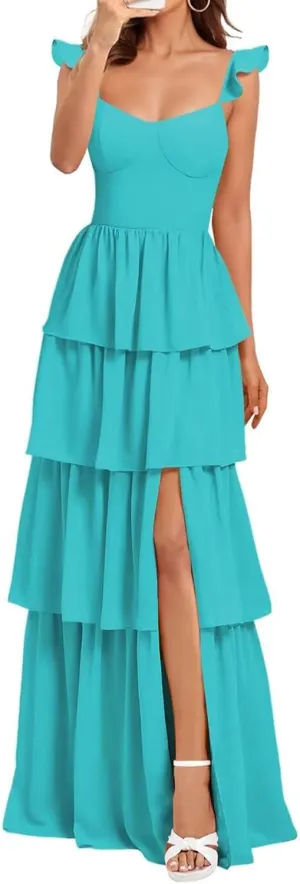 Tiered Chiffon Long Bridesmaid Dress for Wedding Ruffle Spaghetti Strap Formal Evening Dresses 2025