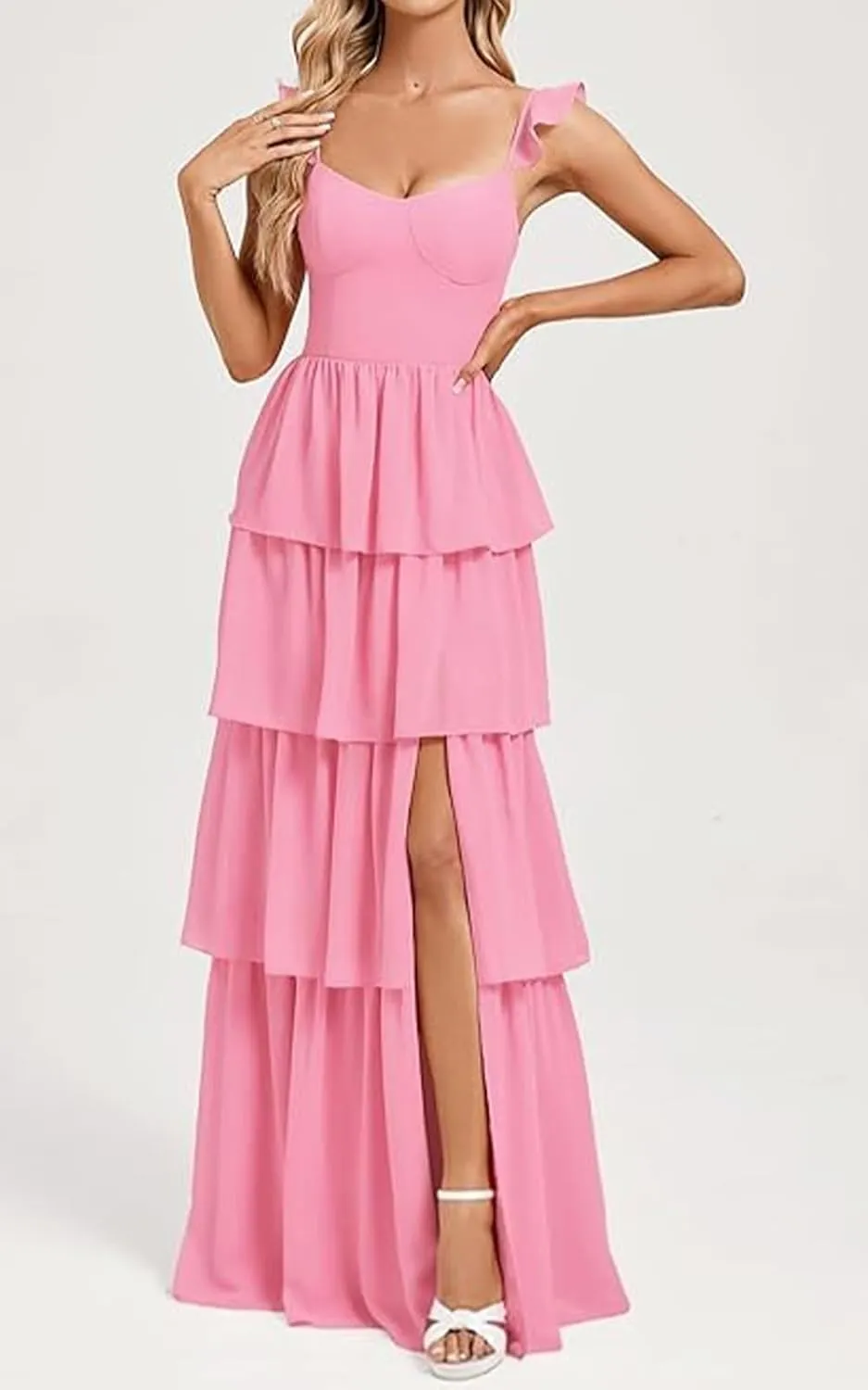 Tiered Chiffon Long Bridesmaid Dress for Wedding Ruffle Spaghetti Strap Formal Evening Dresses 2025