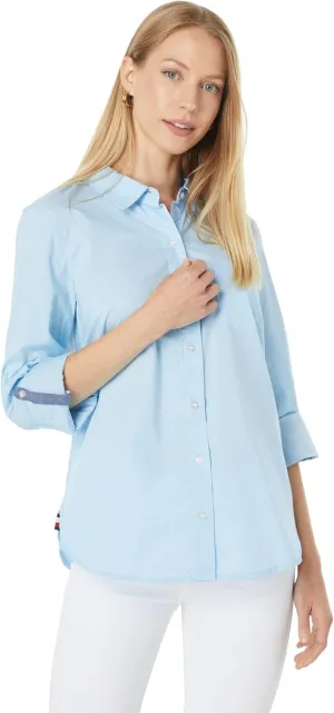 Tommy Hilfiger Women's Solid Button Collared Shirt With Adjustable Sleeves