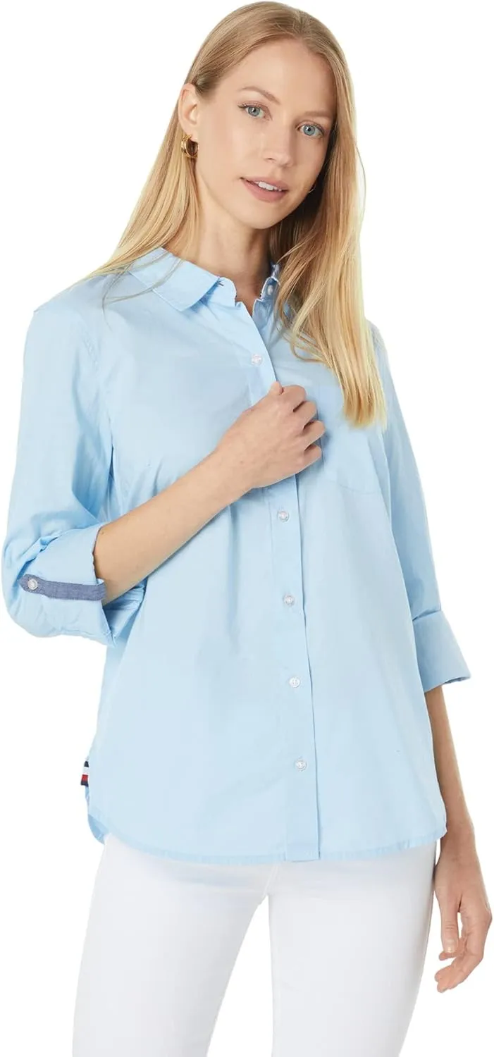 Tommy Hilfiger Women's Solid Button Collared Shirt With Adjustable Sleeves