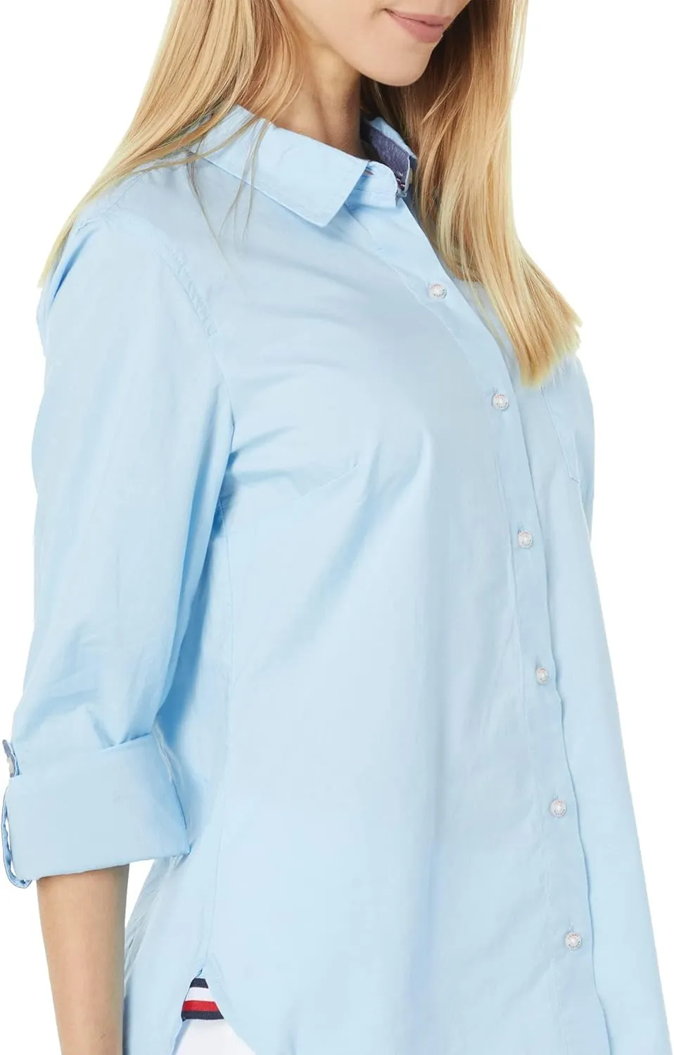 Tommy Hilfiger Women's Solid Button Collared Shirt With Adjustable Sleeves