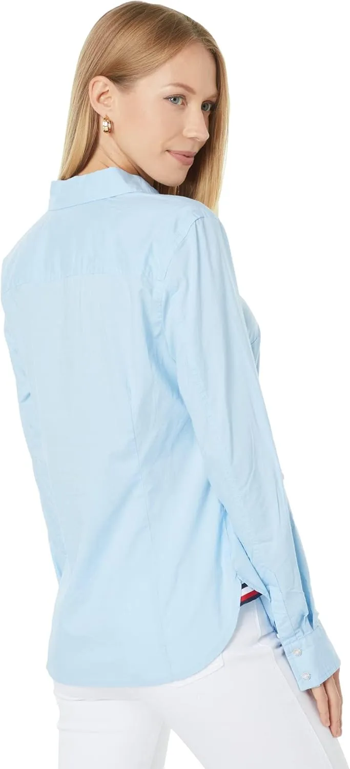 Tommy Hilfiger Women's Solid Button Collared Shirt With Adjustable Sleeves