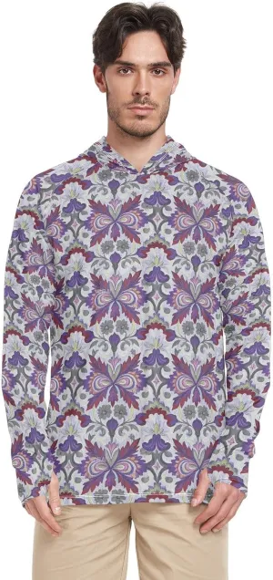 Trendy Vintage Flower Gray Red Men's Sun Protection Hoodie Long Sleeve UPF 50   Sun Shirt With Hood Quick Dry Men Rash Guards Swim Shirt playeras de manga larga con gorro para hombre