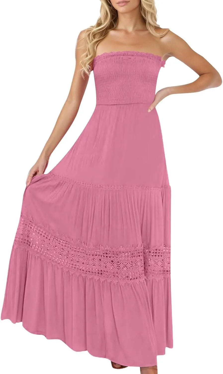 Tube Top Dress for Women 2025 Summer Solid Strapless Maxi Dresses Sexy Off Shoulder Smocked Flowy Beach Sundresses