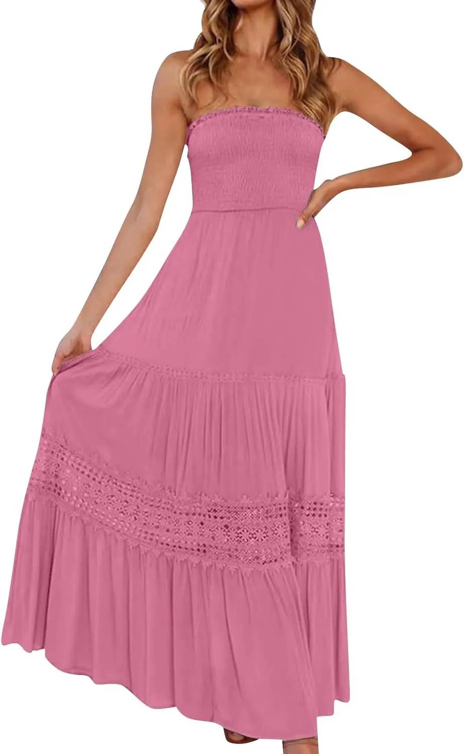 Tube Top Dress for Women 2025 Summer Solid Strapless Maxi Dresses Sexy Off Shoulder Smocked Flowy Beach Sundresses