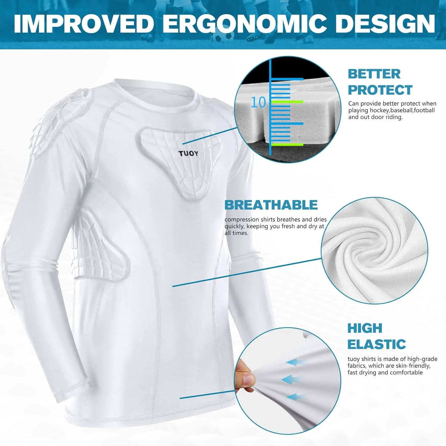 TUOY Youth Padded Chest Rib Protector Shirt for Football Baseball Martial Art Padded Compression Shirt Long Sleeve