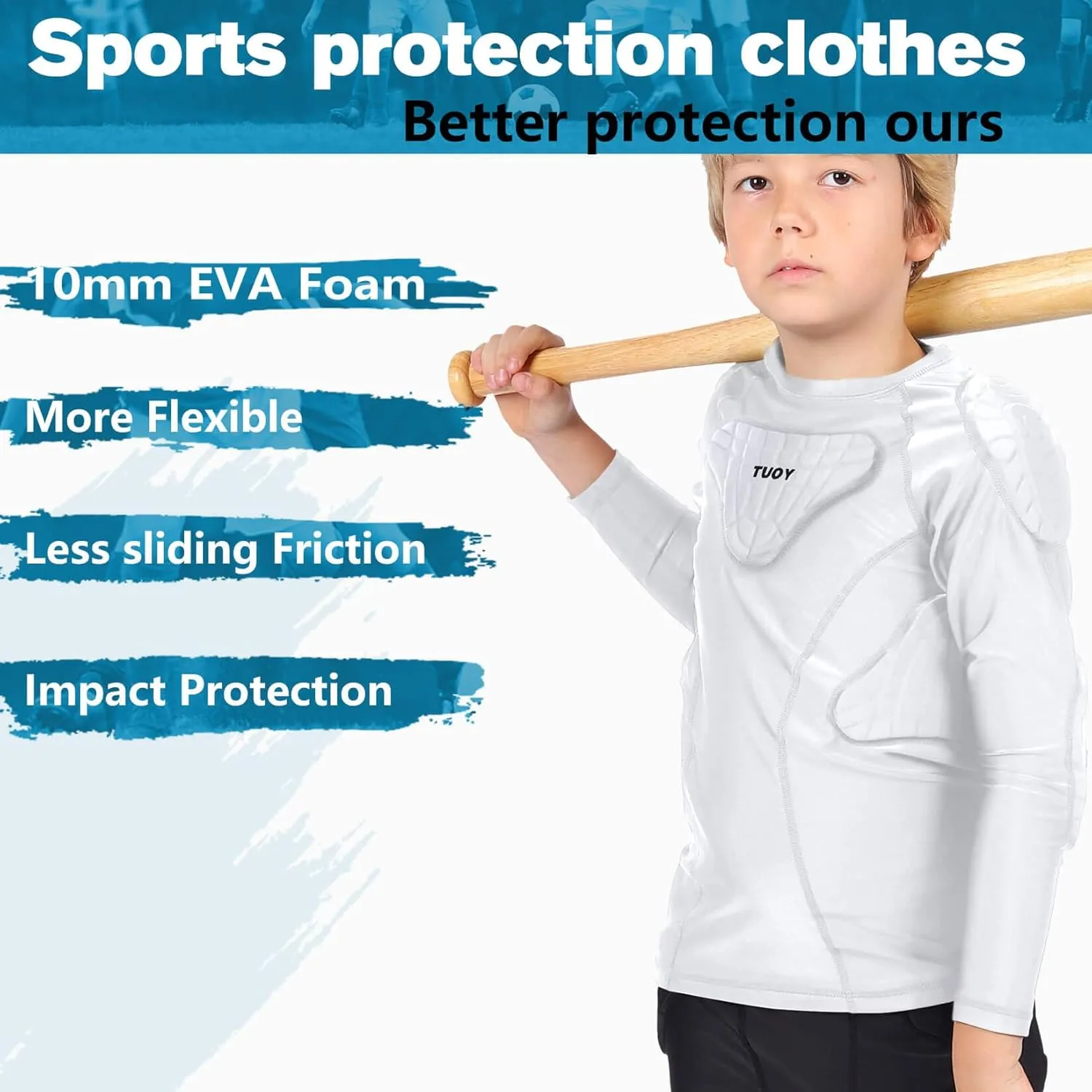 TUOY Youth Padded Chest Rib Protector Shirt for Football Baseball Martial Art Padded Compression Shirt Long Sleeve