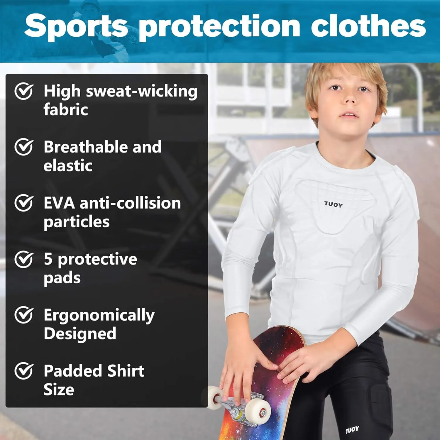TUOY Youth Padded Chest Rib Protector Shirt for Football Baseball Martial Art Padded Compression Shirt Long Sleeve