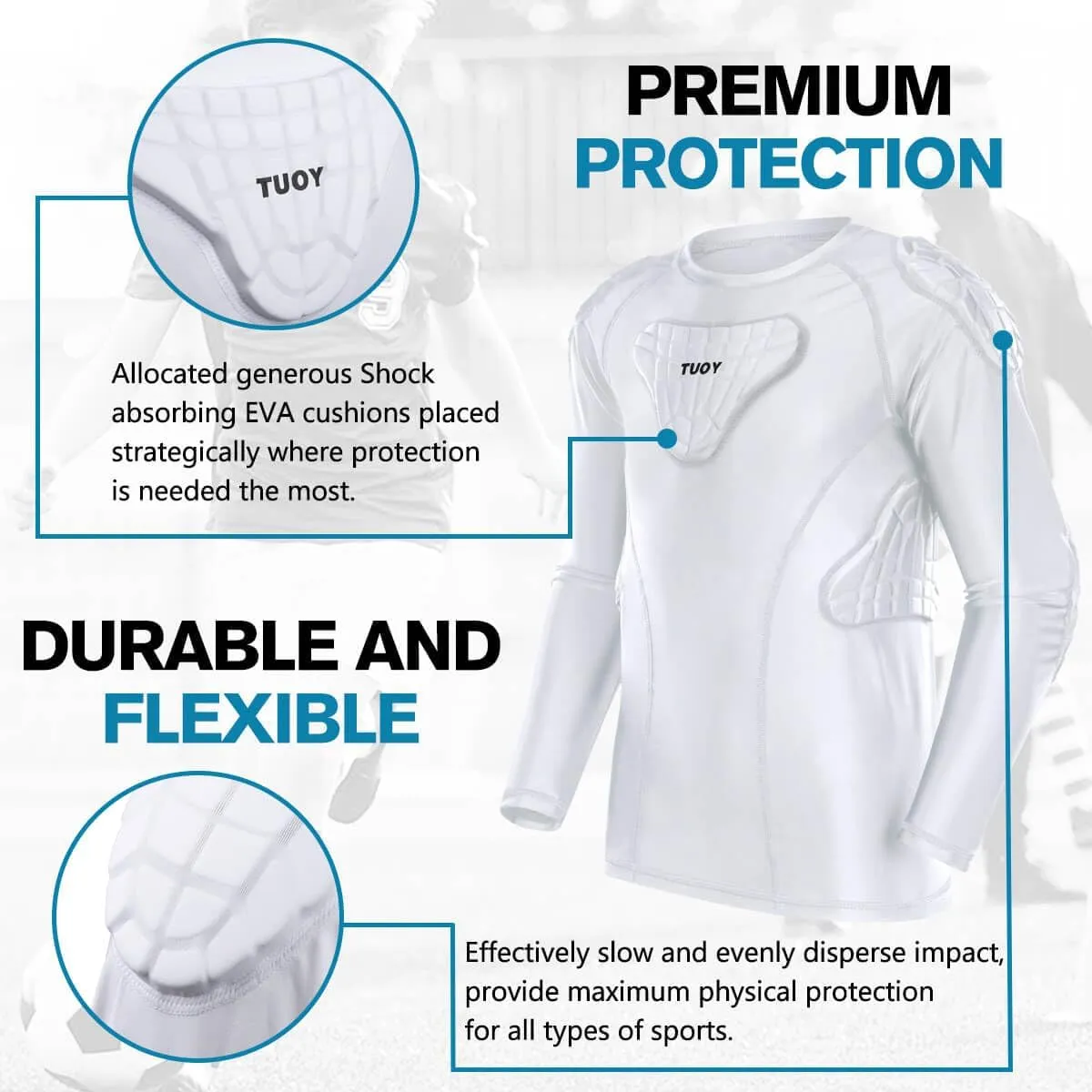 TUOY Youth Padded Chest Rib Protector Shirt for Football Baseball Martial Art Padded Compression Shirt Long Sleeve