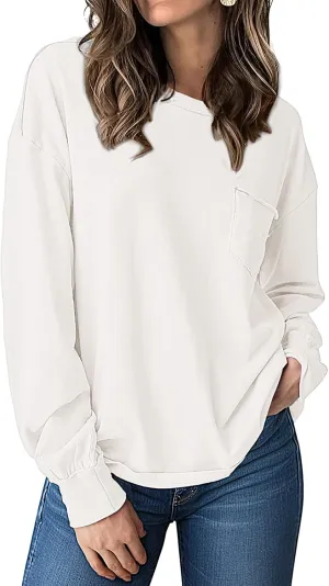 UEU Womens Long Sleeve Tops Crew Neck Casual Oversized Cotton Shirts Blouses Tshirt Tee 2024 Fall Trendy Clothes with Pockets
