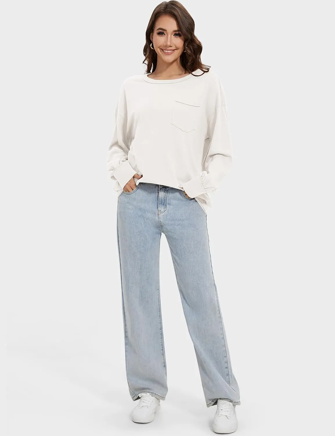 UEU Womens Long Sleeve Tops Crew Neck Casual Oversized Cotton Shirts Blouses Tshirt Tee 2024 Fall Trendy Clothes with Pockets