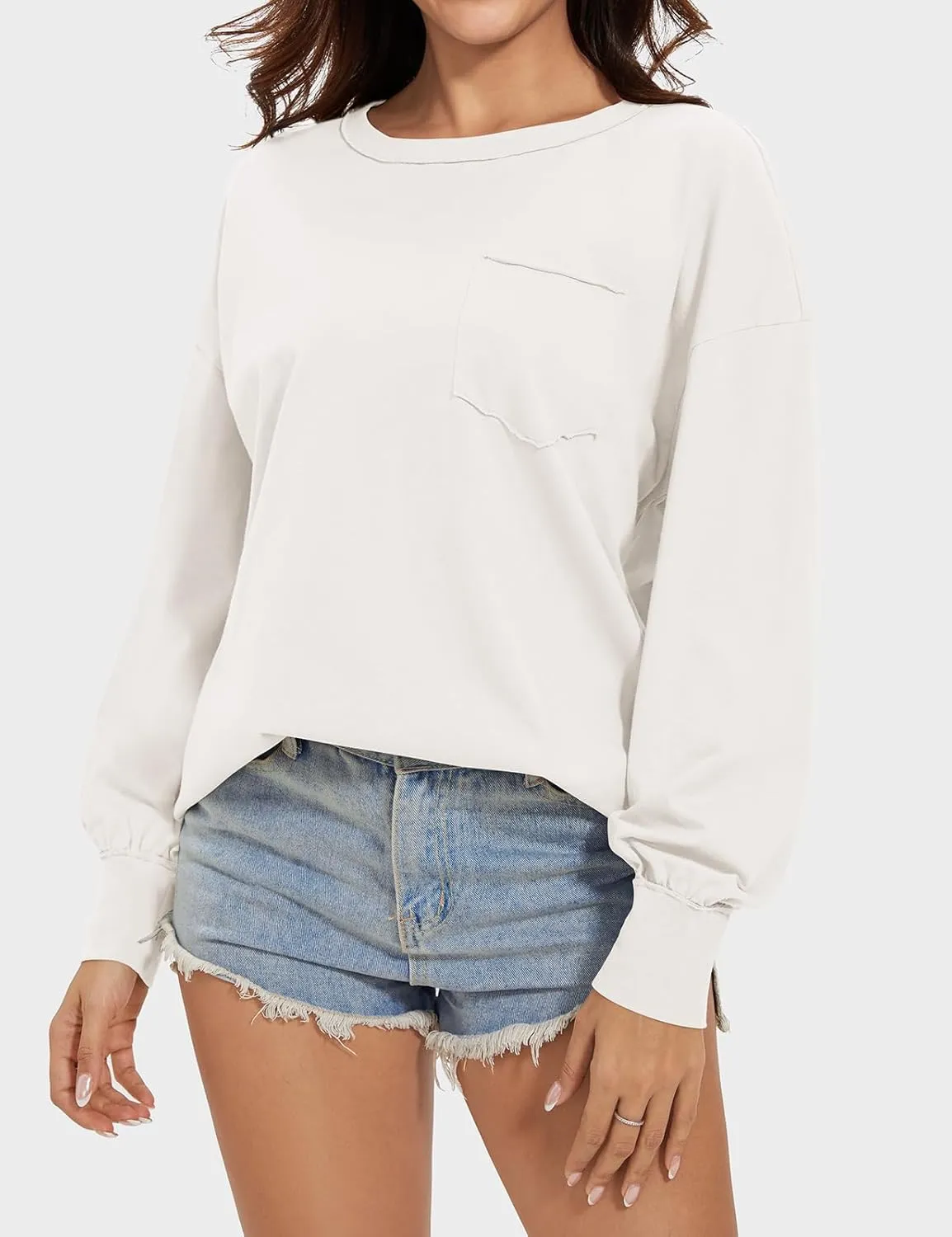 UEU Womens Long Sleeve Tops Crew Neck Casual Oversized Cotton Shirts Blouses Tshirt Tee 2024 Fall Trendy Clothes with Pockets