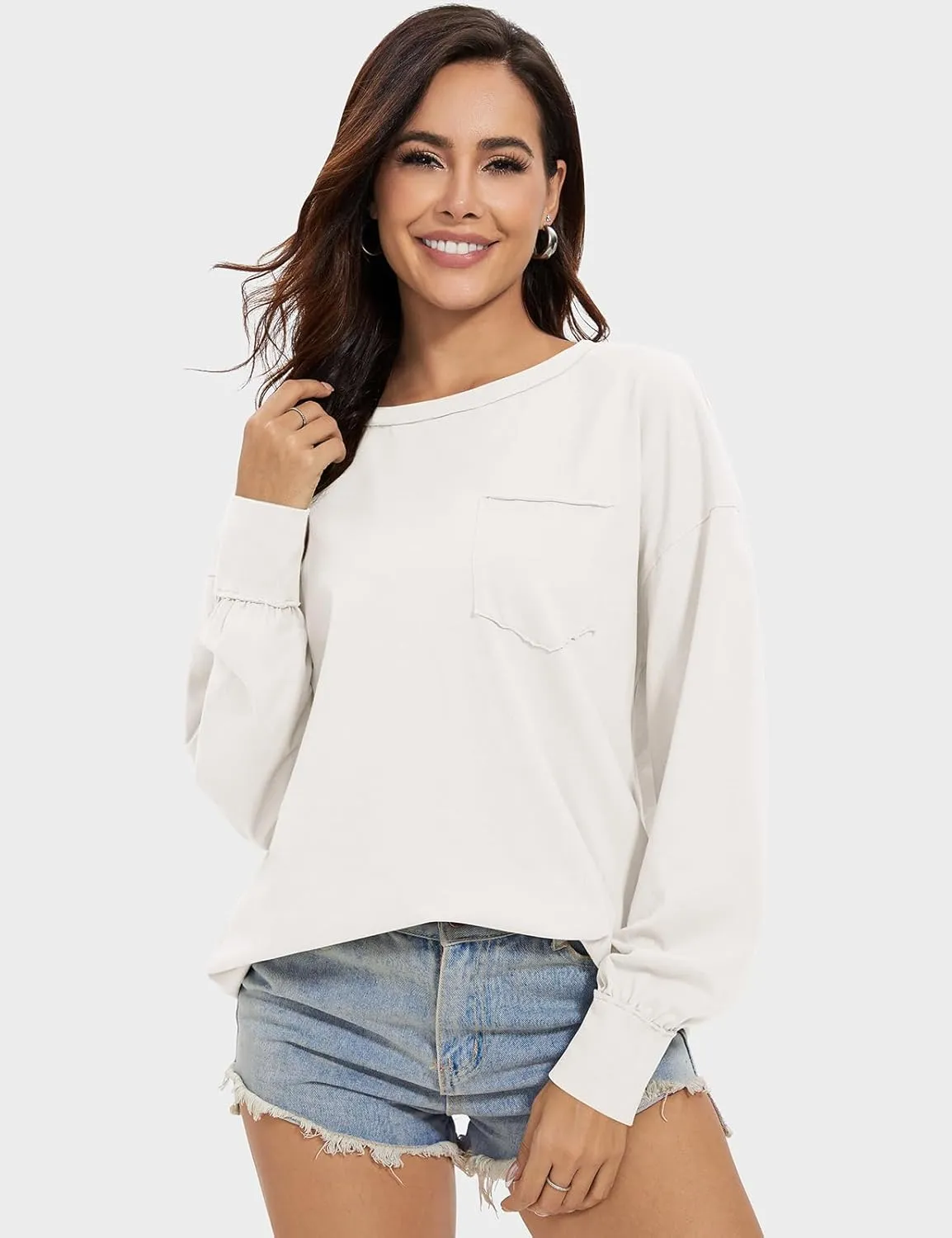 UEU Womens Long Sleeve Tops Crew Neck Casual Oversized Cotton Shirts Blouses Tshirt Tee 2024 Fall Trendy Clothes with Pockets