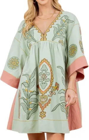 utcoco Women's 2025 Summer Beach Swing Flowy Mini Dress Boho Floral 3/4 Sleeve V Neck Loose Casual Linen Dress
