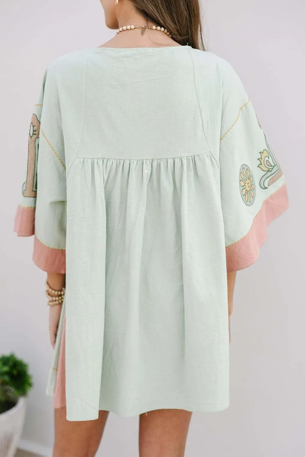 utcoco Women's 2025 Summer Beach Swing Flowy Mini Dress Boho Floral 3/4 Sleeve V Neck Loose Casual Linen Dress